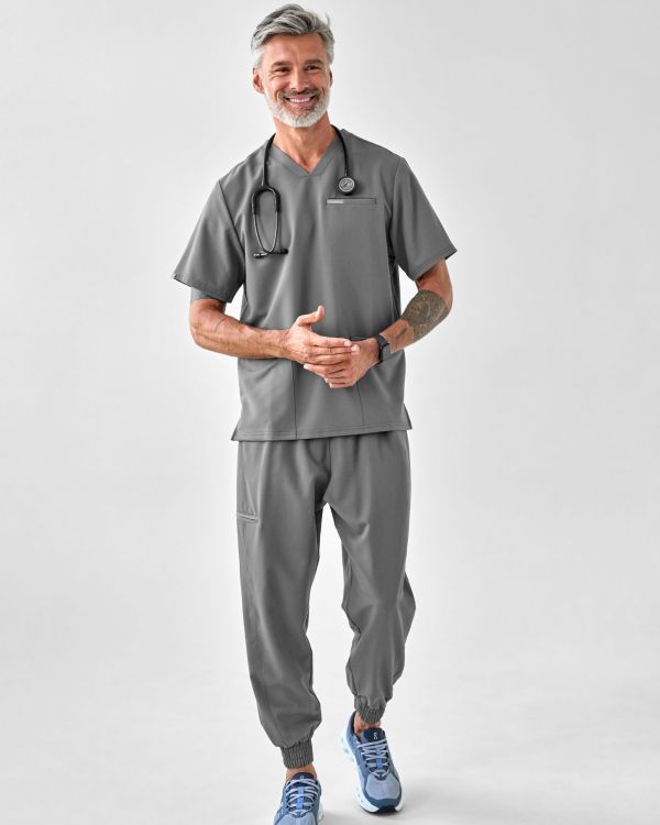 Bluza Medyczna Męska Scrubs Sporty Gray - widok całościowy z kompletem